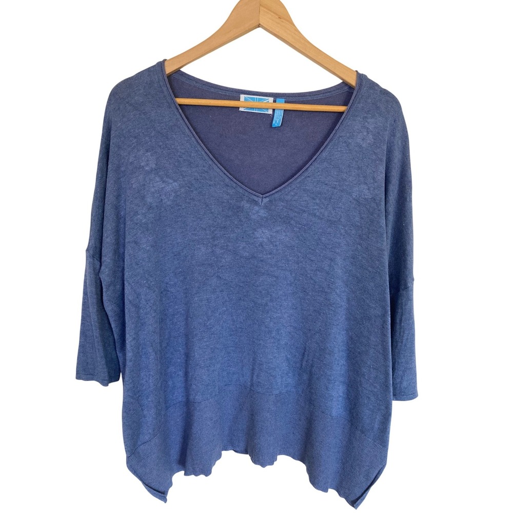 Survival Womens Blue V-Neck Oversized Knit Top 3/4 Sleeve Side Slit‎ Size S